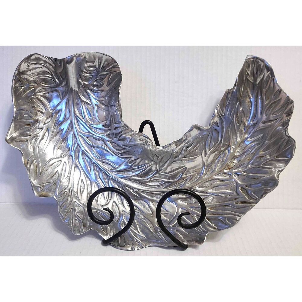 Unique and Rare Curved Leaf Pewter‎ Metal Serving Tray Decor Silver Tone 13"